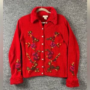 NWB Casuals Women's Sweater Sz M Red Button Up Floral Embroidered Fuzzy Collar